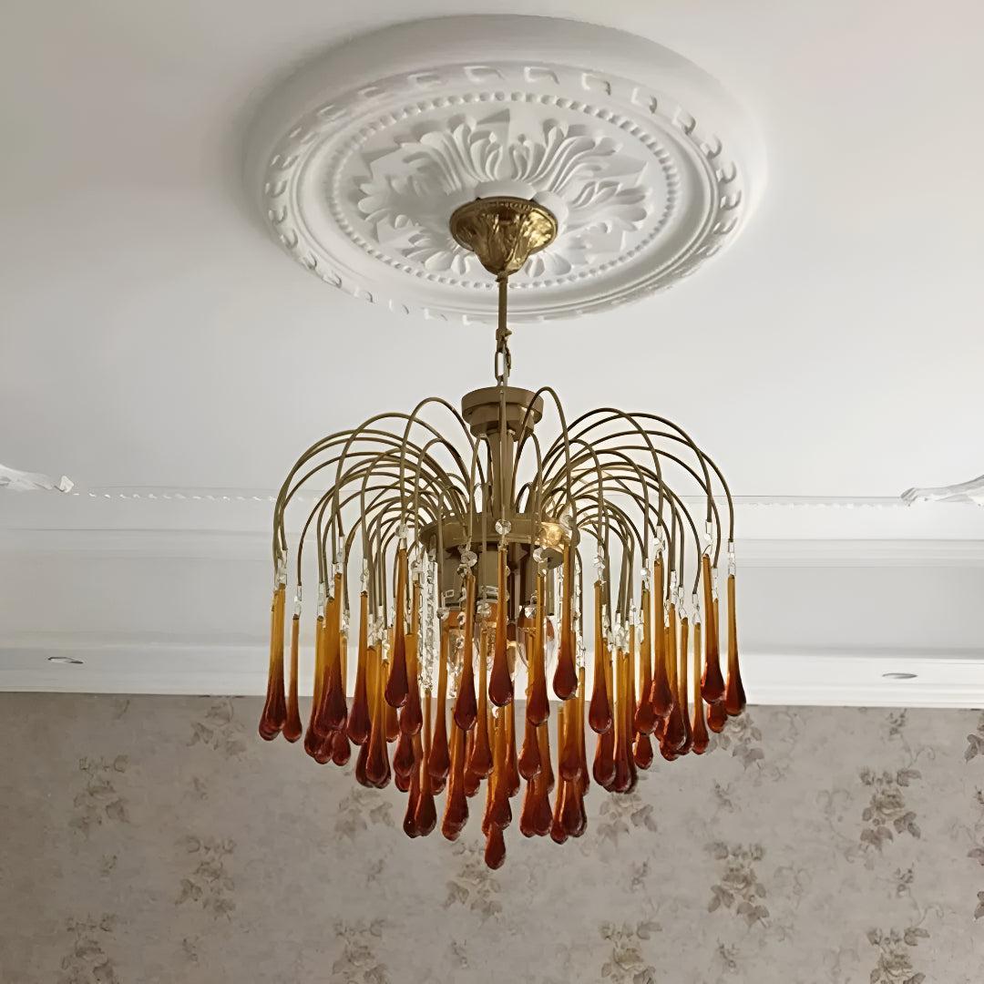 Vintage Chandelier With Murano Amber Glass Drops