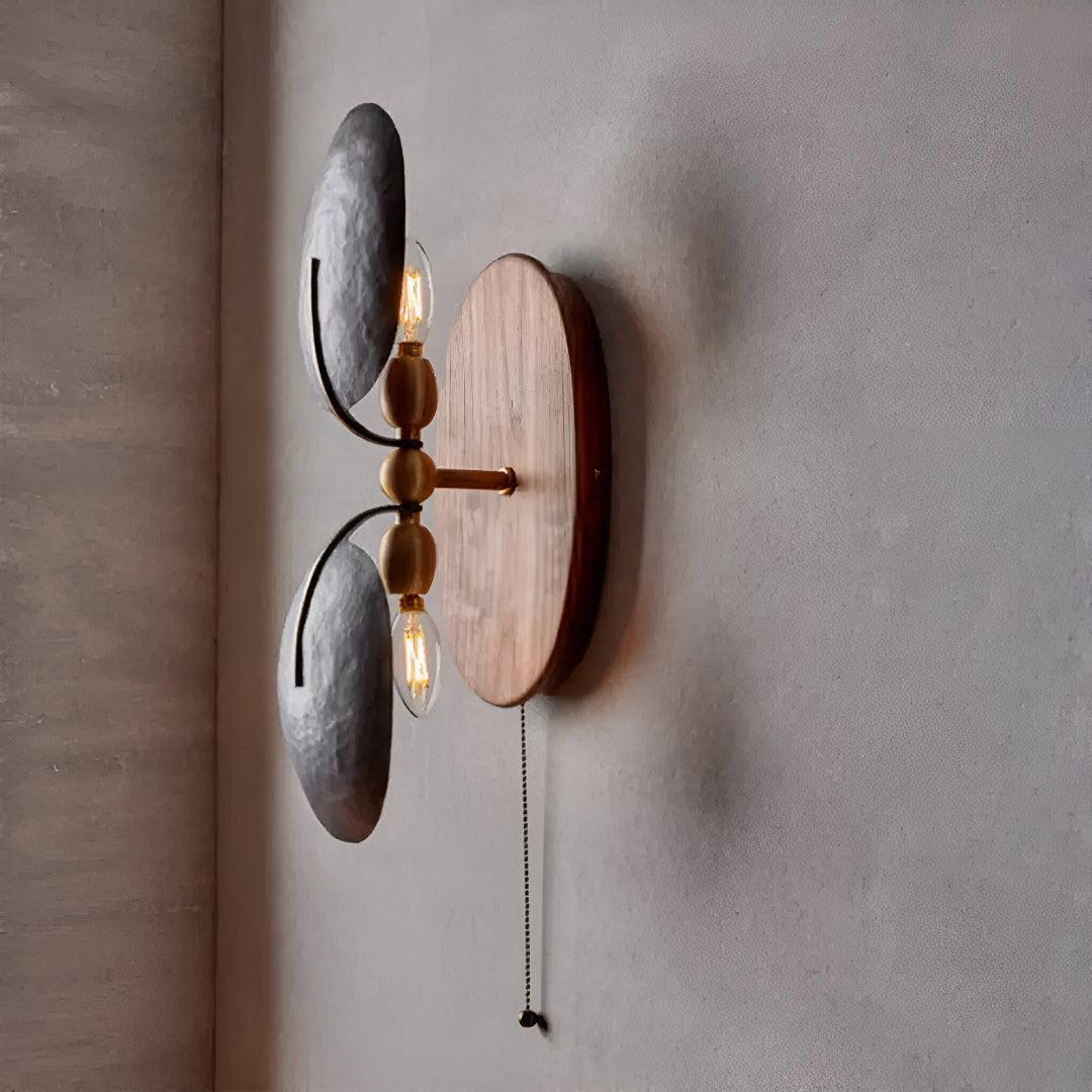 Metal & Walnut Wall Light Sconce With Pull Chain Switch