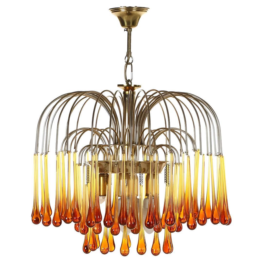 Vintage Chandelier With Murano Amber Glass Drops