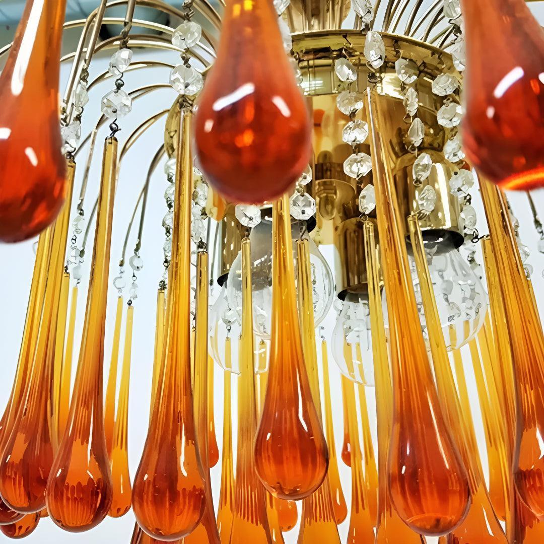Vintage Chandelier With Murano Amber Glass Drops