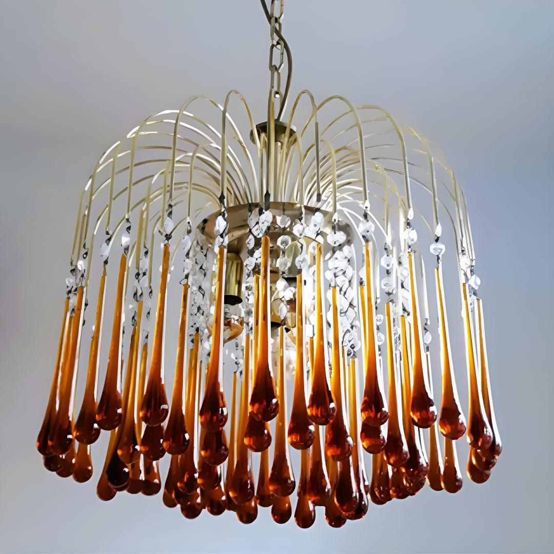 Vintage Chandelier With Murano Amber Glass Drops